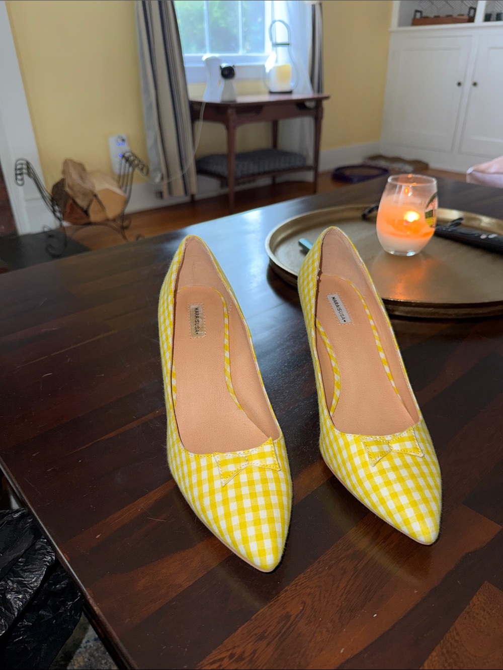 Yellow Gingham Pointed-Toe Heels with Bow Accent